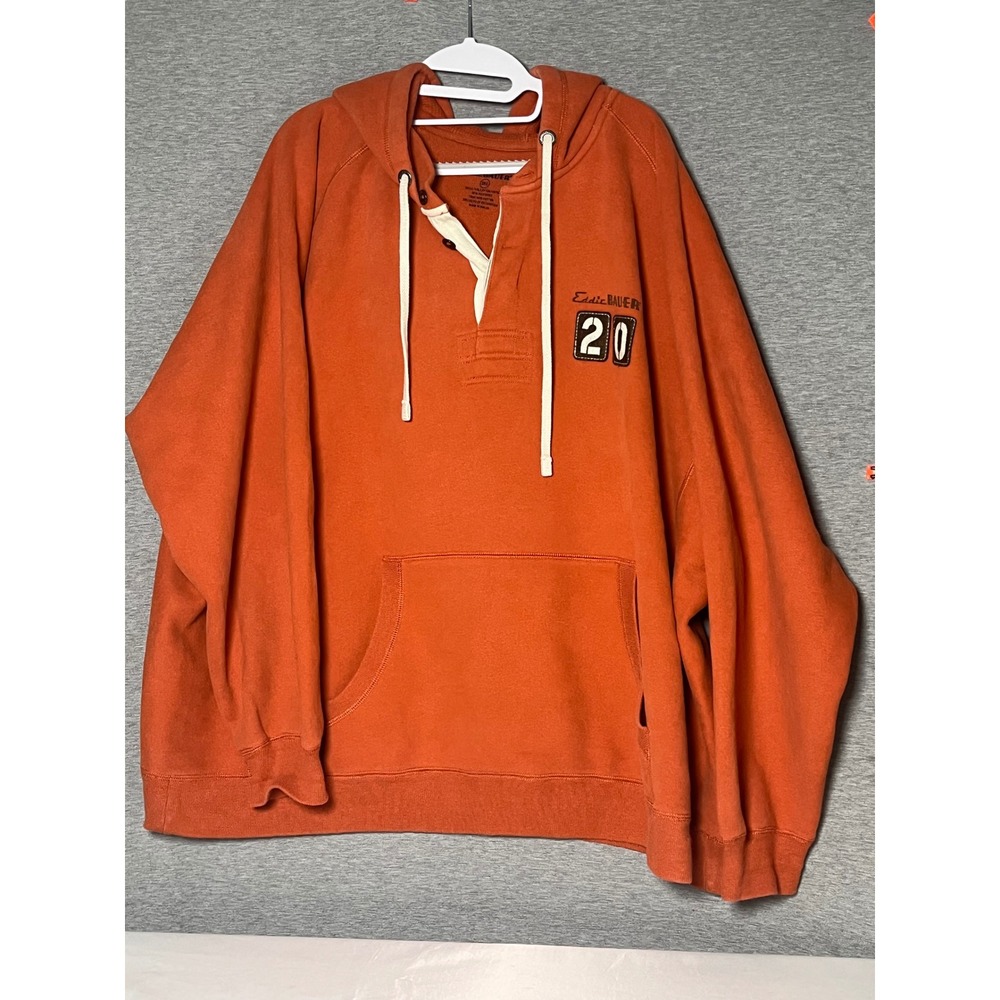 90's Eddie Bauer Mens Orange Henley Hoodie Sweatshirt Rugby Style 20 Patch 3XL
